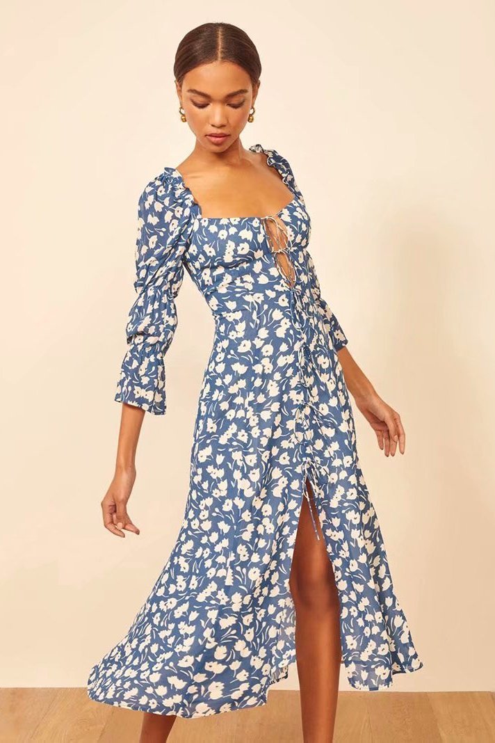 LUCILLE - Retro Floral Split Dress