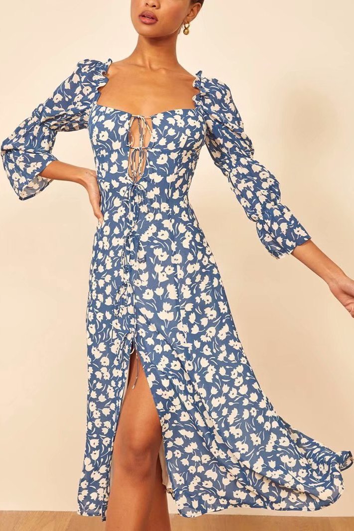 LUCILLE - Retro Floral Split Dress