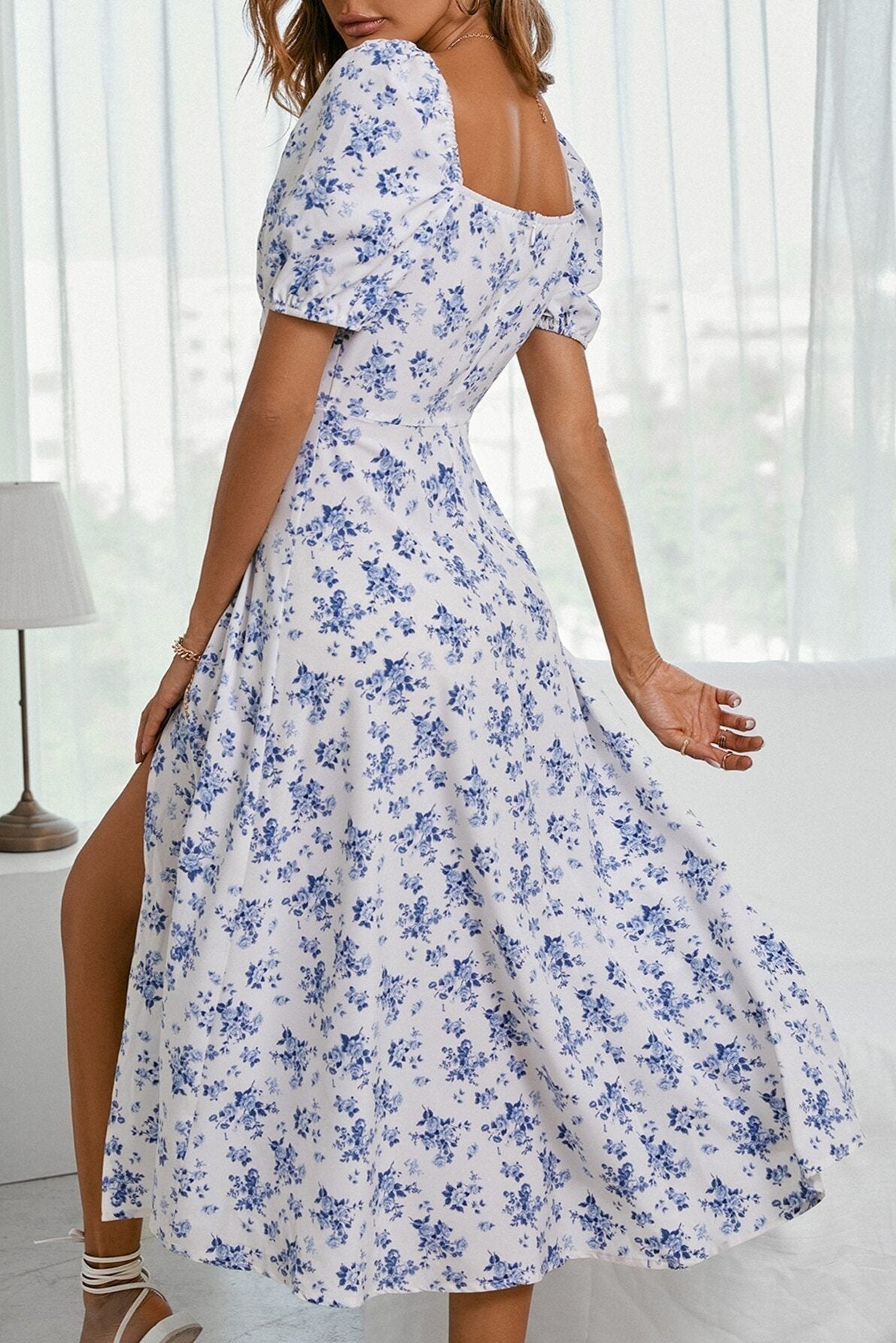 CLARA - Square-Neck Drawstring Floral Dress