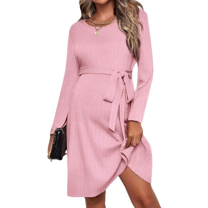 Round Neck Long Sleeve Natural Color Belt Pregnant Women Dress