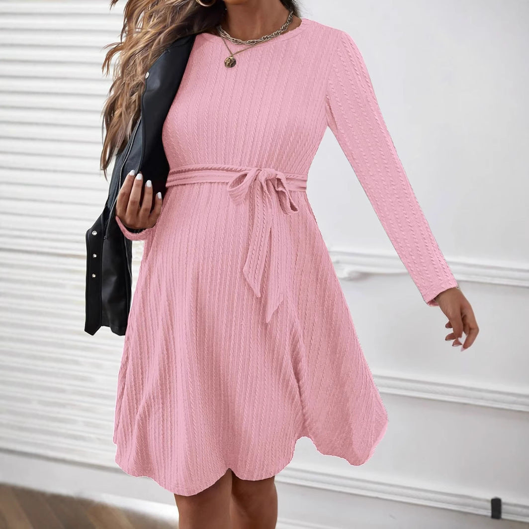 Round Neck Long Sleeve Natural Color Belt Pregnant Women Dress