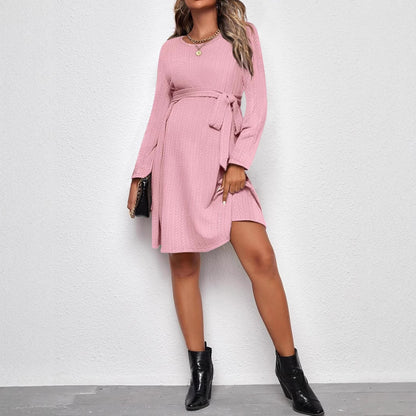 Round Neck Long Sleeve Natural Color Belt Pregnant Women Dress