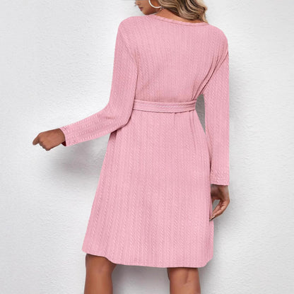 Round Neck Long Sleeve Natural Color Belt Pregnant Women Dress